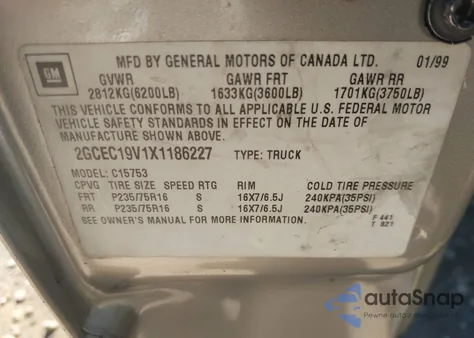 1999 Chevrolet Silverado 1500 Ls из США, поврежденный, VIN 2GCEC19V1X1186227